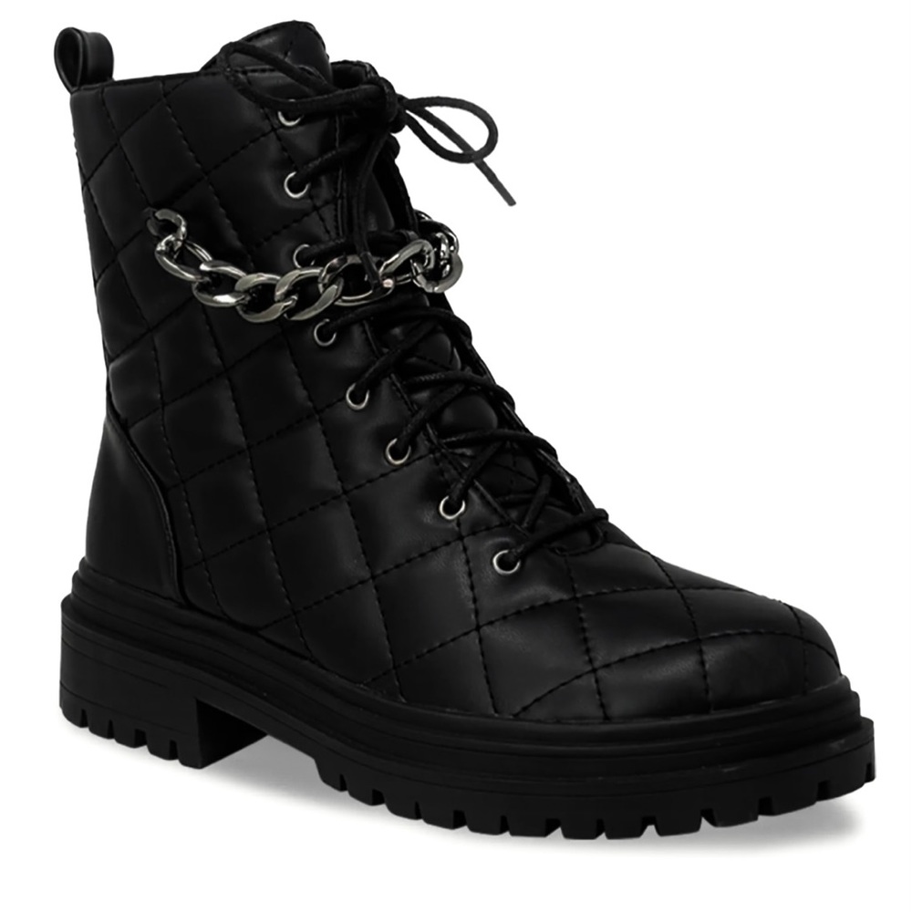 NEW CC CHASE & CHLOE Chain Trimmed Quilted Combat Boots LaceUp Lug Sole …